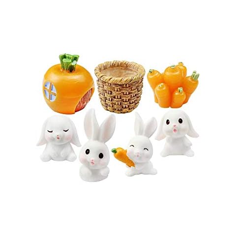 River_Supermarket 7pcs/Sets DIY Bunny Rabbit Carrot Landscape Miniature Fairy Garden Lawn Ornament Decor Pot Craft Accessories Dollhouse Home Car Cake Easter Decoration Cover