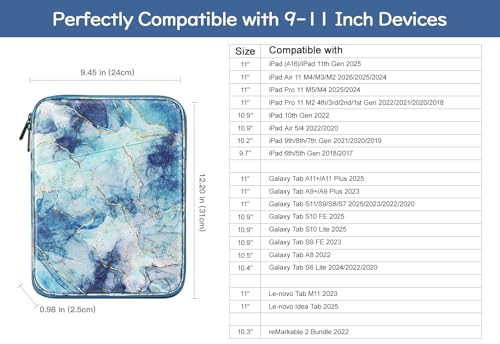 Image of Dadanism 9-11 inch Tablet Sleeve Bag Carrying Case for iPad (A16) 11th Gen 11 inch, iPad 10th Gen 10.9 inch Air 5 /4, iPad Air M4 /Pro 11 inch, iPad 9 /8 /7th, Galaxy Tab A11+ Plus 11 inch, Remarkable 2 10.3 inch, Marble Blue