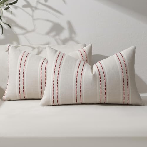 Image of Hckot Christmas Throw Pillow Covers 12x20 Red Pillow Covers Striped Xmas Decorations Pillows Lumbar Farmhouse Cushion Covers Winter Holiday Decor for Sofa Living Room (Red)