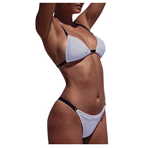 Balakie Women's Sparkling Triangle Bikini Set Bandage Solid Brazilian Push-Up Thong Bathing Suits Beachwear (White,M)