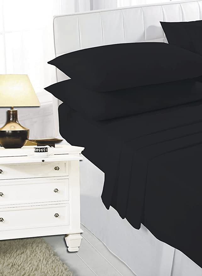 Axcent Comfort 3 Piece Super King Flat Bed Sheet Set Black (Flat Sheet + Pillowcases Pair) Soft Polycotton Percale Fabric Flat Sheet Set (255x290 cm)