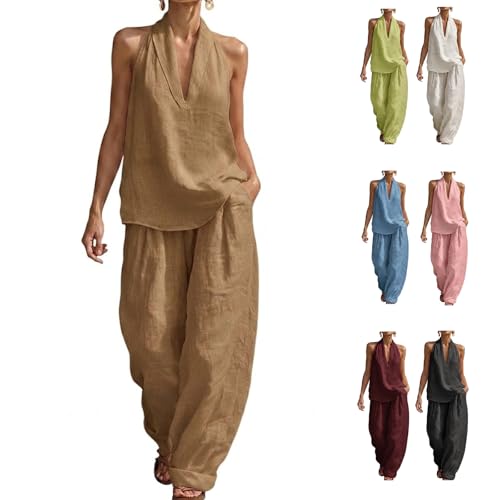 Womens Linen 2 Piece Sets,Sleeveless V Neck Top and Wide Leg Pants,Summer Two Piece Going Out Vacation,Casual Style (Caramel,2x)