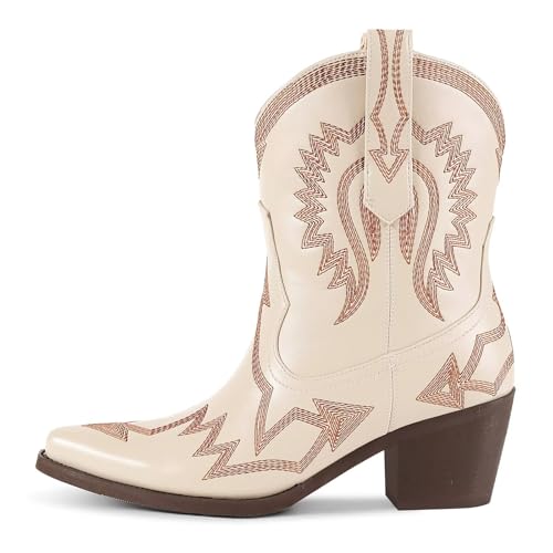 Image of HOCHFART Western Boots for Women Metallic Embroidered Pointed Toe Cowgirl Boots Chunky Heel Pull-On Short Cowboy Boots Wide Calf Country Ankle Boots