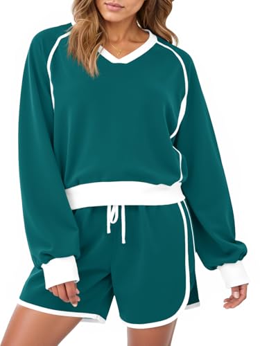 Fisoew Womens 2 Piece Outfits Casual V Neck Cropped Sweatshirt High Waisted Workout Shorts Sets Loose Tracksuits