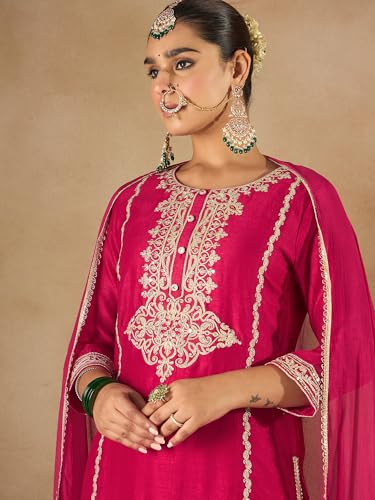 Image of INDO ERA Women's Silk Blend Kurta and Pant with Dupatta Set