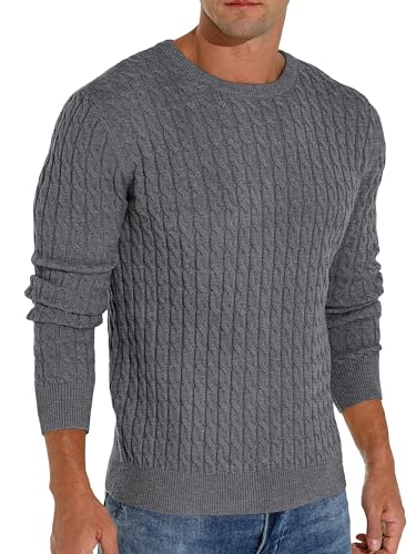 Hisir Suéter de invierno para hombre, de punto trenzado, informal, cuello redondo, cálido, de manga larga, suéter para hombre, gris oscuro, L