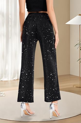 PEIQI Women High Elastic Waist Wide Leg Palazzo Pants Bling Glitter Casual Loose Long Sparkle Pant Trouser3