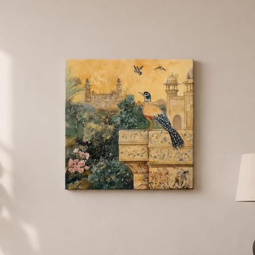 Image of PAINTINGMANTRA Mughal Palace Artwork Stretched Canvas Painting for Living Room | Heritage Bird Canvas Wall Decor Art For Livingroom, Bedroom, Office, Hallways - 16x16 Inch