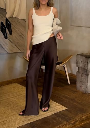 UAURORAO Satin Pants for Women Dressy Silk Wide Leg Lounge Pants Elastic Drawstring Casual Long Flowy Trousers4