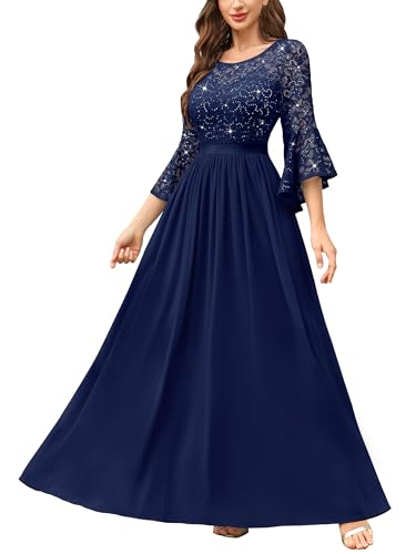 Miusol Women's Formal Sparkle Sequin Lace Bell Sleeve Evening Party Maxi Dress