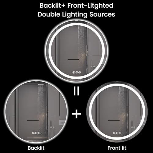 Image of Round LED Bathroom Mirror with Lights, Backlit & Front Lighted, Wall-Mounted Vanity Mirror 3000K /4000K /6000K, Memory Functions, Anti-Fog, Dimmable Smart Mirror (Round 30 inch x 30 inch)