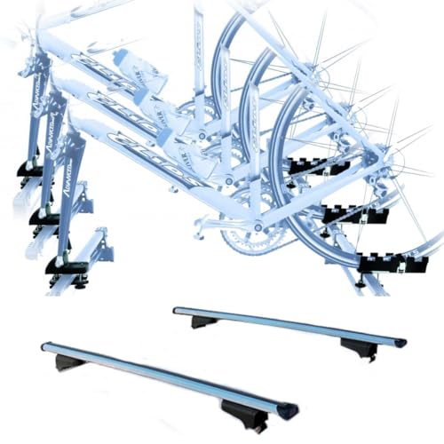 Set 3 Portabici tetto + Barre realizzato per ALFA ROMEO STELVIO del 2017 c/Attacco a Forcella universali Barre 127 CM c/Serratura + Kit Attacchi