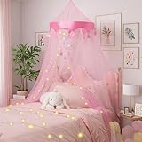 emopaw Bed Canopy with Lights for Girls, Princess's Birthday Gift - Over Star Element Decorate Small Bulb Led Lights Bed Canopy Netting Mosquito Net, Home Decor for Twin, Full, Queen - Pink