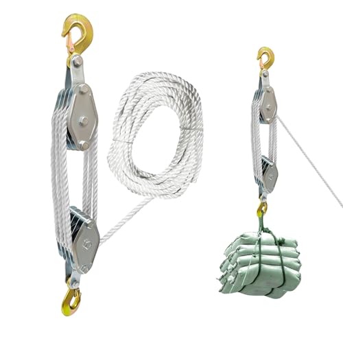Roadtime Sistemas Polea Elevación Capacidad Máx 2200LBS, 20m Cuerda Nylon Cuerdas Elevación Manuales, 2.5m Altura Bloque Poleas para Levantamiento Cargas Pesadas,8:1 Polipasto Cable Polea de cuerda