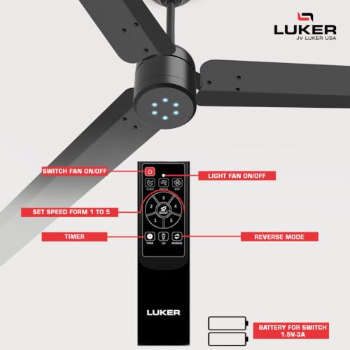 Image of LUKER JVLuker USA Aerozen Plus 1200mm BLDC Ceiling Fan with IR Remote BEE 5 Star 65% Energy Saving High Air Delivery Low Noise LED Indicator Reverse Mode for Living & Bedroom (Black- Mat Finish)