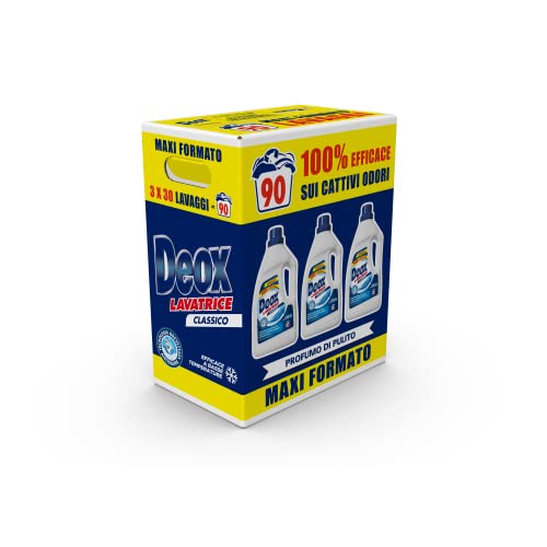 Deox - Detersivo Lavatrice Liquido Classico, 90 Lavaggi, Smacchia e Igienizza, con Formula Antiodore, 1500 ml x 3 Confezioni