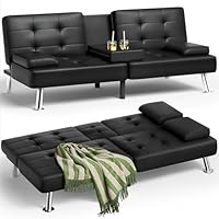 Homall Futon Sofa Bed, Leather Futon Couch with Removable Armrests, Adjustable Recliner Sleeper Sofa Bed with Dual Cup Holders for Living Room, Apartment, Office (Black)