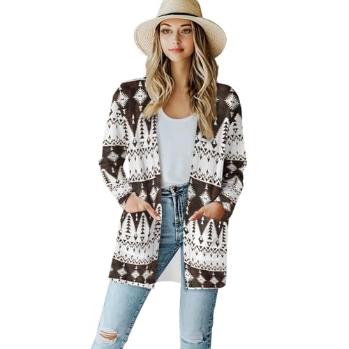 Image of Women's Aztec Open-Front Jacket Lightweight Casual Outerwear Native Western Aztec Pattern & Plaid Houndstooth Print
