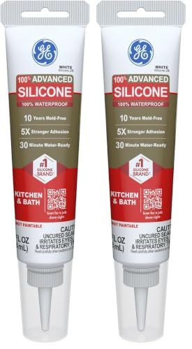 Image of GE Advanced Silicone Caulk for Kitchen & Bathroom, White, 2.8 fl oz Tube, 2 Pack - 100% Waterproof Silicone Sealant, 5X Stronger Adhesion, Shrink & Crack Proof