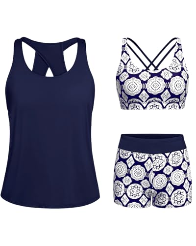 Image of Tempt Me 3 Piece Tankini Swimsuits for Women Athletic Bathing Suits Swim Tank Top with Boy Shorts and Bra Modest Swimwear