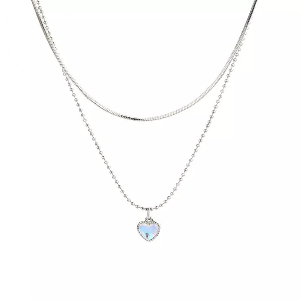 ZHUDJ 925 Sterling Silver Gradient Moonstone Love Heart Pendant Necklaces Female Double layer Clavicle Chain Choke Jewelry