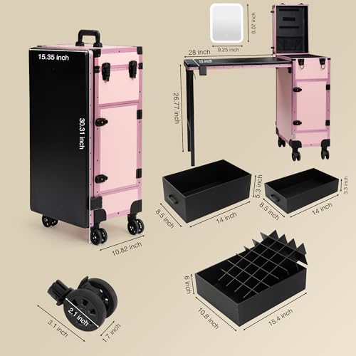 Image of Portable Manicure Table with 3 Drawers, Rolling Foldable Nail Desk with Detachable Mirror, Professional Makeup Train Case with Wheels and TSA Lock for Nail Techs & Salon Use