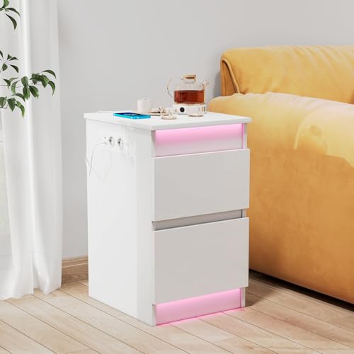 Ztexkee Brillant Table de Chevet avec Prise et Bande Lumineuse LED, Table de Chevet Grande Table...