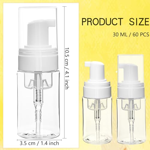 60 Pcs Foam Pump Bottle 1 oz/ 30 ml Empty Travel Size Plastic Soap Foaming Bottles Mini Clear Foaming Soap Dispenser Refillable Mousse Bottles for Lash Shampoo Portable Hand Sanitizer2