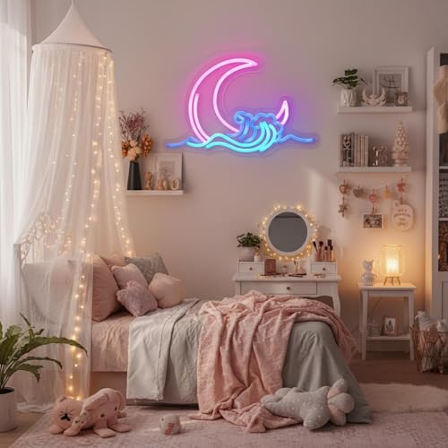 Image of Moon and Wave Neon Sign for Wall Decor Pink Moon Blue Wave LED Neon Light for Bedroom Dresser Aesthetic Room Decor USB Powered Wall Art for Living Room Bar Kid's Room Ideal Teens Girls Gifts