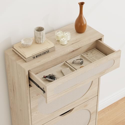 GarveeHome Rattan Shoe Cabinet with 2 Flip Drawers and 1 Pull-Out Drawer, Free Stand Shoe Storage Cabinet, 3-Position Adjustable Shelf, Narrow Shoe Cabinet for Entryway/Porch, Oak