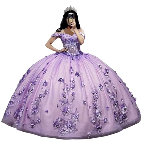 Beaded Tulle Quinceanera Dresses with Train Puffy Lace Sweet 16 Dresses 3D Flower Off Shoulder Vestido de 15 años