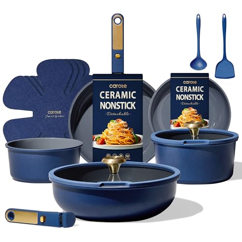 CAROTE Blue&Gold Ceramic Cookware Set Non Toxic, PFAS Free,15Pcs Pots and Pans Set Non Stick Detachable/Removable Handle,Kitchen Cooking Set Dishwasher Safe, Nonstick Pot and Pan, Induction Cookware