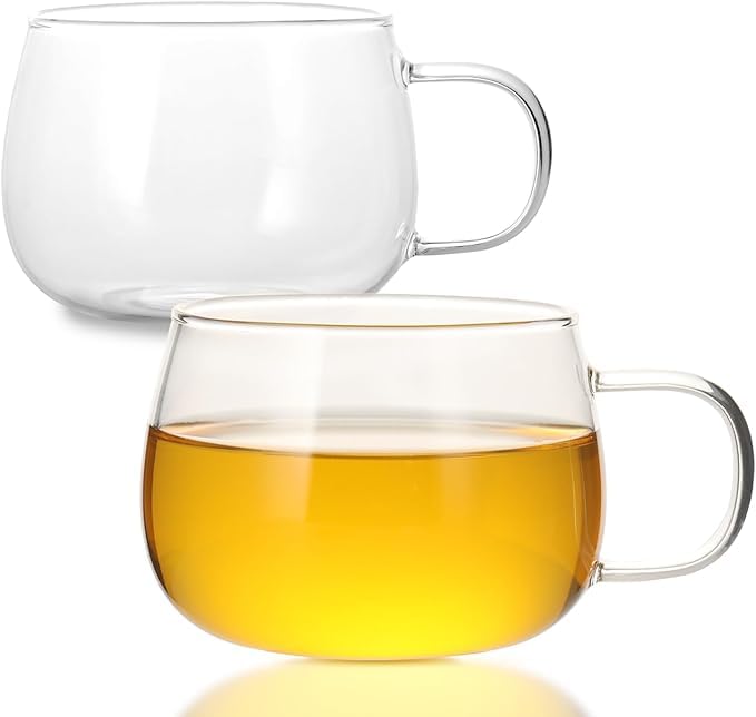 Image of PrimeWorld Glass Tea Cups Set of 2, 360ml | Clear Borosilicate Glass Teacups with Handle for Tea Lovers | Dishwasher & Microwave Safe Large Coffee Mugs for Espresso, Cappuccino, Latte & Juice