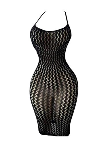 OYOANGLE Womens Fishnet Mesh Halter Lingerie Dress Sexy Bodycon Hollow Out See Through Chemise Beach Cover Up Dress Black One Size