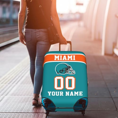 Image of Custom Miami Luggage Cover Personalized Football Style Suitcase Cover with Name Number Customized Washable Elastic Sports Travel Suitcase Protector for Business Vacation Gifts