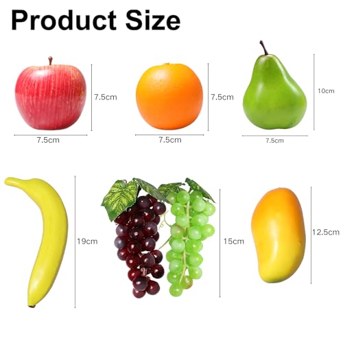 Ikosora 20 Pcs Fake Fruit Pack, Artificial Fruit for Decoration Party, Realistic Fake Fruits Table Centrepieces Decoration Home Kitchen, Lifelike Faux Fruits Apple Bananas Grape Mango Orange Pear