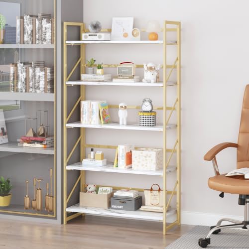 Image of JSB 5 Tier No Assembly Folding Bookshelf, 30.7 inch Wide Foldable Storage Bookcase for Home Office, Space-Saving Storage Shelf for Living Room (White&Gold)
