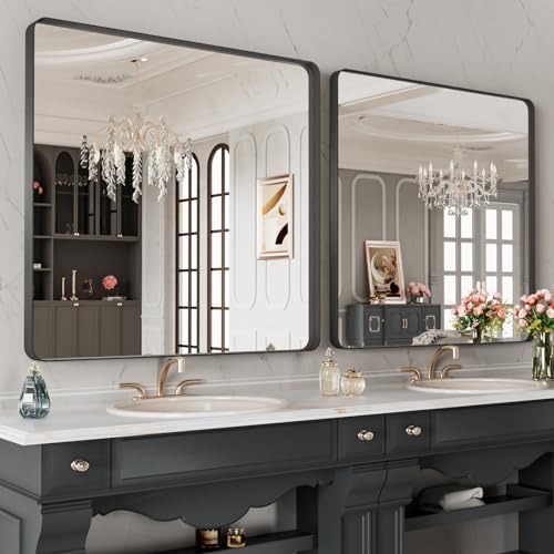 LOAAO 28X32 Inch Black Metal Framed Bathroom Mirror for Wall, Matte Black Bathroom Vanity Mirror Farmhouse, Anti-Rust, Hangs Horizontally or Vertically