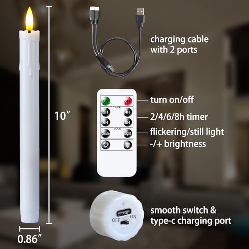 Image of Rechargeable Flameless Timer Remote Taper Candles, 2pcs 0.86 inch x10 inch LED Flickering Dripping Wax Window Tall Fake White Plastic Candlesticks(USB Charging Cable Included)
