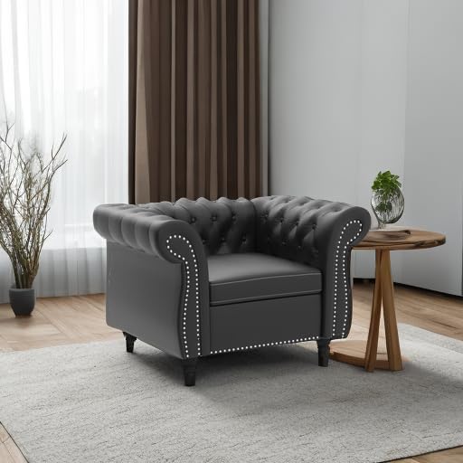 Miniatura 5 de QHITTY - Silla decorativa Chesterfield, silla moderna tapizada en cuero con respaldo acolchado para muebles de sala de estar (negro)