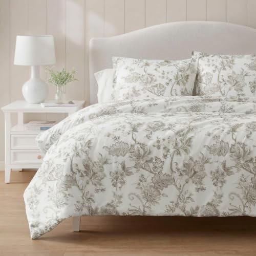 Image of Martha Stewart - King Comforter Set, Smooth Sateen Front with Subtle Sheen & Lightweight Cotton Percale Reverse, 3 Piece Bed Set with Matching Pillowcases (Avery Floral Grey)
