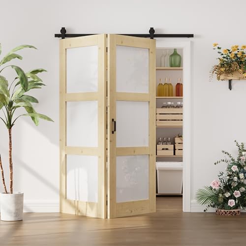 Image of 56 inchx80 inch 3-Lite Frosted Glass Bifold Barn Door with 64 inch Track Kit, Pine Slab