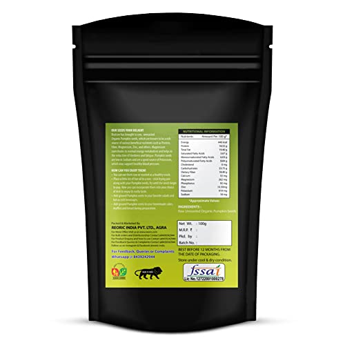 Image of BRALCON Organic Pumpkin Seeds - 100g | Raw Unroasted Pumpkin Seeds for Eating | Protein and Fiber Rich Superfood | Rich in Omega-3 fatty acids