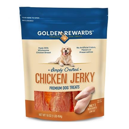 Golden|Rewards Chicken Jerky Dog Treats, 16 oz Bag, Made with Wholesome Chicken Breast, Low Fat, Grain-Free, No Artificial Colors or Preservatives, Premium High-Protein Snack for Dogs