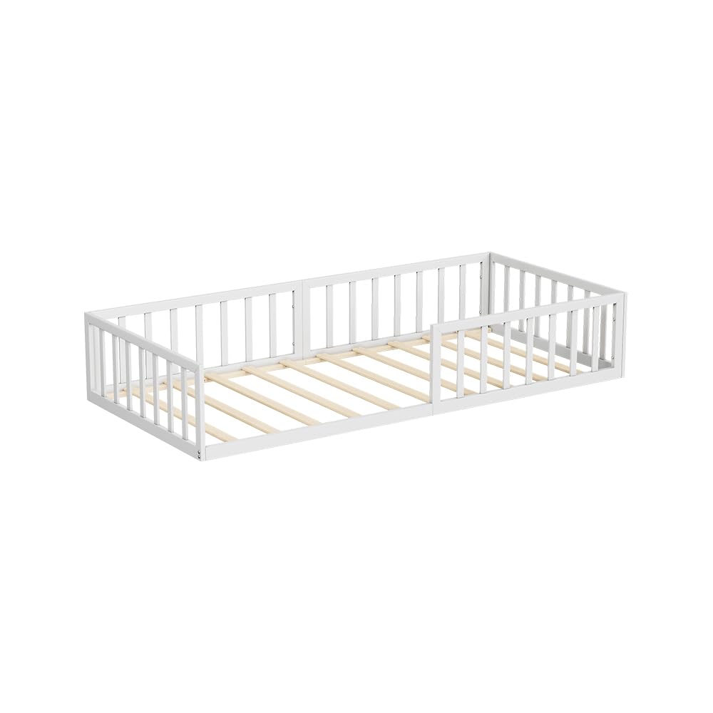 VitaliSpa Lit au Sol Minno 90x200, lit Enfant en métal, lit Montessori avec barrière de sécurité, Faible Hauteur d’accès, Blanc