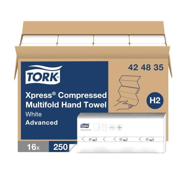 Tork Xpress Compressed Multifold Hand Towel White H2, Advanced, Strong and Absorbent, 16 x 250 Sheets, 424835