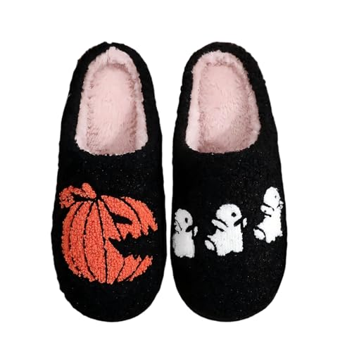 Edobao Womens Mens Halloween Pumpkin Ghost Slippers Memory Foam Soft Outdoor Indoor House Shoes 3738