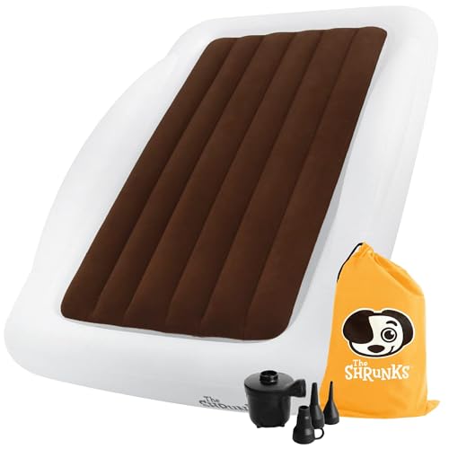The Shrunks Toddler Travel Bed Portable Inflatable Air Mattress Bed for Travel or Home Use, White, Kids Air Bed for Camping and Sleepover with Security Rails and Electric Pump 152 x 94 x 23cm