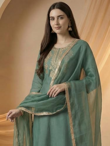 Image of INDO ERA Women's Silk Embroidered Straight Kurta With Pant & Dupatta Set