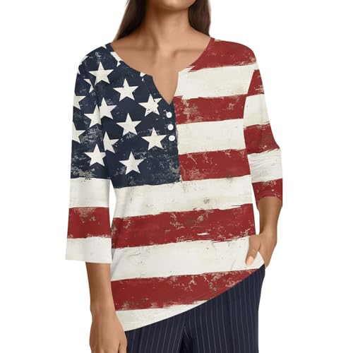 Image of 4th of July Shirts Women 3 /4 Length Sleeve Womens Tops Henley Neck Casual Patriotic T Shirts